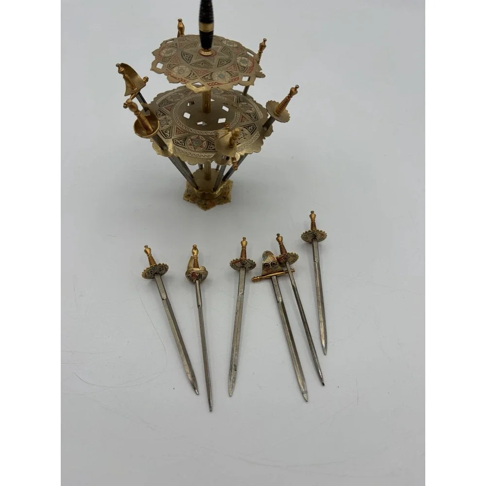 Vintage Toledo Spain Appetizer Swords Set of 12 Brass Cocktail Picks Stand
